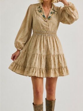 Zara Beige Floral Embroidered Smocked-Waist Dress